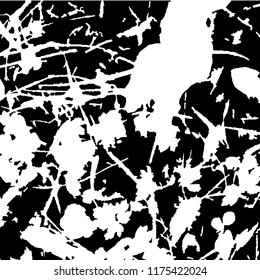 Monochrome Grunge Pattern. Abstract Black and White Texture with Scratched Lines, Spots and Blobs for Print, Card, Banner. Trendy Rough Halftone Pattern with Different Elements.