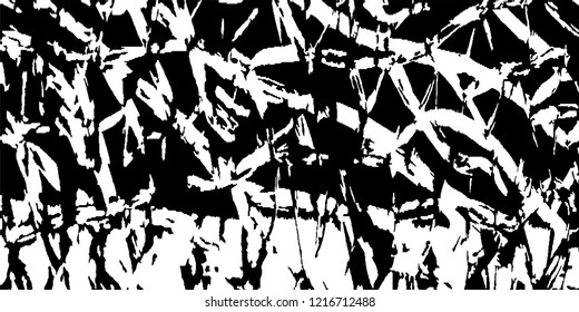 Monochrome Grunge Pattern. Abstract Black and White Texture with Scratched Lines, Spots and Blobs for Banner, Card, Wallpaper. Retro Rough Halftone Pattern with Different Elements.