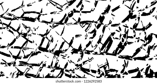 Monochrome Grunge Pattern. Abstract Black and White Texture with Scratched Lines, Spots and Blobs for Print, Card, Banner. Trendy Rough Halftone Background with Different Elements.