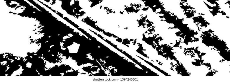 Monochrome Grunge Pattern. Abstract Black and White Texture with Scratched Lines, Spots and Blobs for Print, Card, Banner. Trendy Rough Halftone Background with Different Elements.