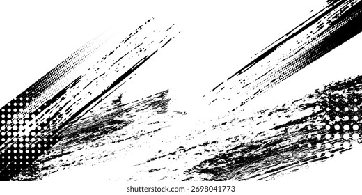 Monochrome Grunge Pattern. Abstract Black and White Texture with Scratched Lines, Spots and Blobs for Banner, Card, Wallpaper. Trendy Rough Halftone Background with Different Elements.