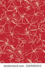 monochrome, grunge, peony floral, seamless pattern. flower illustration, wallpaper. repetitive print, fashion clothing, fabric, textile, gift wrap, home textile, red background, vector