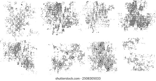 Padrões de textura áspera grunge monocromáticos. Planos de fundo de conjunto vetorial em branco