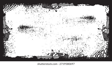 Un marco monocromo con textura grunge presenta un centro blanco angustiado rodeado de Elementos negros como salpicaduras de pintura, Pistas de neumáticos y puntos semitonos que crean un borde artístico y resistente