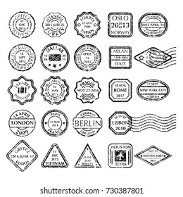 Monochrome grungy Postal Stamps set in different shapes from 24 city in the world. Collection of Black Postal Stamps. Isolated vector illustration.