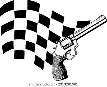 Monochrom-Gun mit Rennen-Flagge, Vektorgrafik-Design