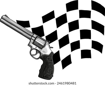 monochrome Gun with race flag vector illustration design