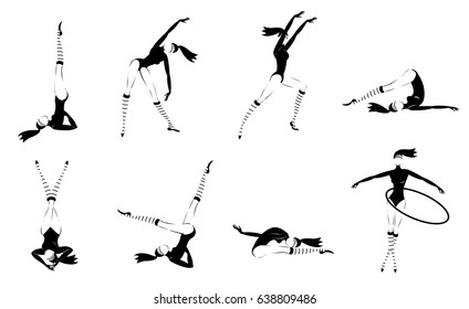 Monochrome gymnastic girls set with exercising and training women practicing in different poses isolated vector illustration