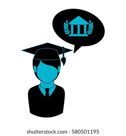 monochrome half body man with graduation outfit and bubble speech parthenon