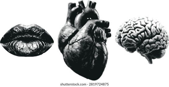 Monochrome halfone composition depicting lips heart and brain. This graphic represents the interplay between emotion logic and communication for conceptual projects.
