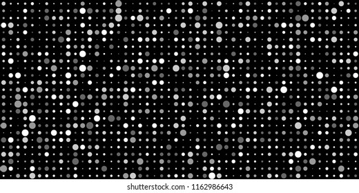 Monochrome Halftone Background. Abstract Texture with Different Sizes White Dots on Black Fond for Banner, Flyer, Mobile Application. Retro Digital Black and White Background. Vector Texture.