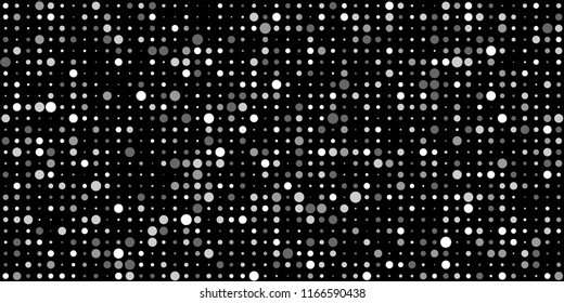 Monochrome Halftone Background. Abstract Texture with Different Sizes White Dots on Black Fond for Banner, Paper, Fabric. Vintage Digital Black and White Background. Vector Texture.
