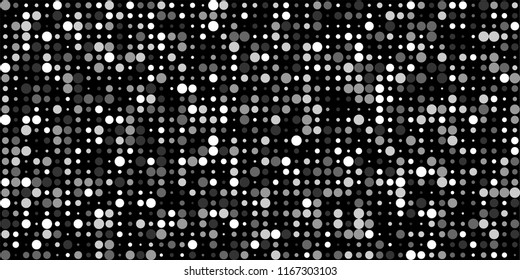 Monochrome Halftone Background. Abstract Texture with Different Sizes White Dots on Black Fond for Print, Paper, Card. Modern Digital Black and White Background. Vector Texture.