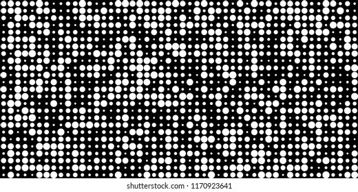Monochrome Halftone Background. Abstract Texture with Different Sizes White Dots on Black Fond for Web or Mobile Application. Modern Digital Black and White Background. Vector Texture.