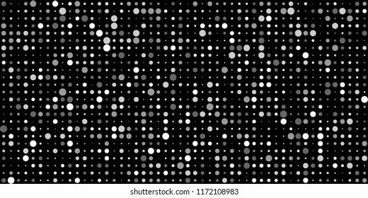 Monochrome Halftone Background. Abstract Texture with Different Sizes White Dots on Black Fond for Print, Paper, Card. Vintage Digital Black and White Background. Vector Texture.