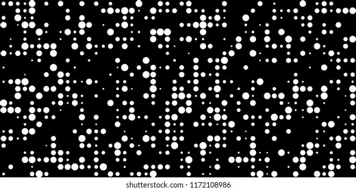 Monochrome Halftone Background. Abstract Texture with Different Sizes White Dots on Black Fond for Banner, Paper, Fabric. Vintage Digital Black and White Background. Vector Texture.