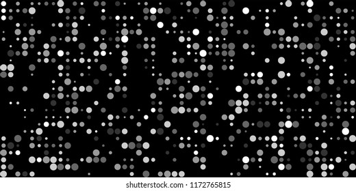Monochrome Halftone Background. Abstract Texture with Different Sizes White Dots on Black Fond for Banner, Flyer, Mobile Application. Vintage Digital Black and White Background. Vector Texture.