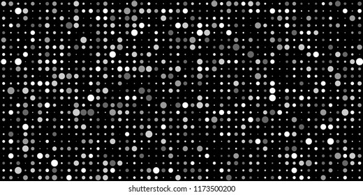 Monochrome Halftone Background. Abstract Texture with Different Sizes White Dots on Black Fond for Card, Print. Retro Digital Black and White Background. Vector Texture.