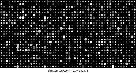 Monochrome Halftone Background. Abstract Texture with Different Sizes White Dots on Black Fond for Banner, Paper, Fabric. Modern Digital Black and White Background. Vector Texture.