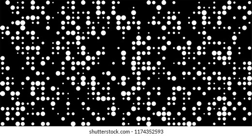 Monochrome Halftone Background. Abstract Texture with Different Sizes White Dots on Black Fond for Banner, Paper, Fabric. Trendy Digital Black and White Background. Vector Texture.