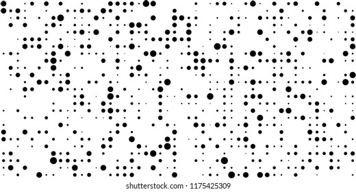 Monochrome Halftone Background. Abstract Texture with Different Sizes Black Dots on White Fond for Print, Paper, Card. Retro Digital Black and White Background. Vector Texture.