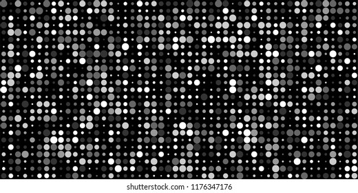 Monochrome Halftone Background. Abstract Texture with Different Sizes White Dots on Black Fond for Print, Paper, Card. Trendy Digital Black and White Background. Vector Texture.