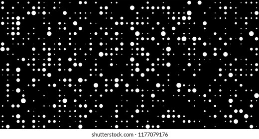 Monochrome Halftone Background. Abstract Texture with Different Sizes White Dots on Black Fond for Card, Print. Modern Digital Black and White Background. Vector Texture.