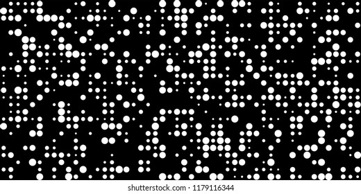 Monochrome Halftone Background. Abstract Texture with Different Sizes White Dots on Black Fond for Banner, Flyer, Mobile Application. Vintage Digital Black and White Background. Vector Texture.