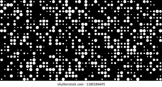Monochrome Halftone Background. Abstract Texture with Different Sizes White Dots on Black Fond for Card, Print. Retro Digital Black and White Background. Vector Texture.