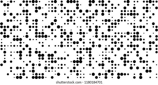 Monochrome Halftone Background. Abstract Texture with Different Sizes Black Dots on White Fond for Print, Paper, Card. Retro Digital Black and White Background. Vector Texture.