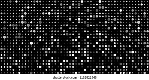 Monochrome Halftone Background. Abstract Texture with Different Sizes White Dots on Black Fond for Card, Print. Trendy Digital Black and White Background. Vector Texture.