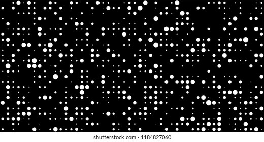 Monochrome Halftone Background. Abstract Texture with Different Sizes White Dots on Black Fond for Print, Paper, Card. Modern Digital Black and White Background. Vector Texture.