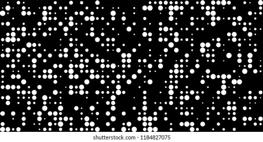 Monochrome Halftone Background. Abstract Texture with Different Sizes White Dots on Black Fond for Card, Print. Trendy Digital Black and White Background. Vector Texture.
