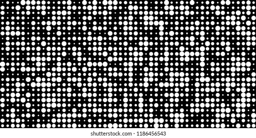 Monochrome Halftone Background. Abstract Texture with Different Sizes White Dots on Black Fond for Banner, Flyer, Mobile Application. Retro Digital Black and White Background. Vector Texture.