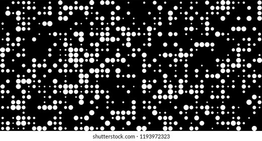 Monochrome Halftone Background. Abstract Texture with Different Sizes White Dots on Black Fond for Banner, Paper, Fabric. Trendy Digital Black and White Background. Vector Texture.