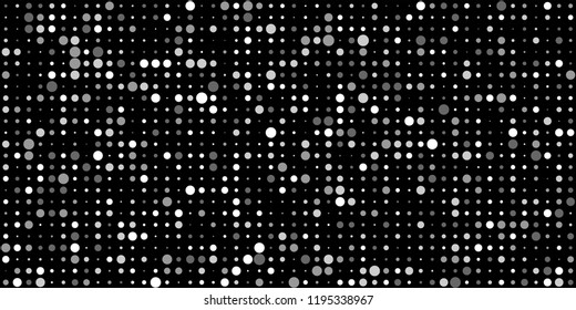 Monochrome Halftone Background. Abstract Texture with Different Sizes White Dots on Black Fond for Banner, Paper, Fabric. Vintage Digital Black and White Background. Vector Texture.