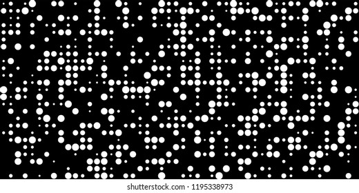 Monochrome Halftone Background. Abstract Texture with Different Sizes White Dots on Black Fond for Banner, Flyer, Mobile Application. Retro Digital Black and White Background. Vector Texture.