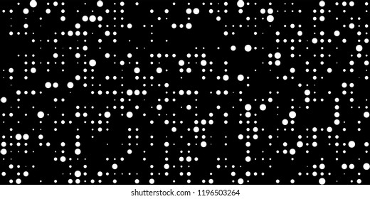 Monochrome Halftone Background. Abstract Texture with Different Sizes White Dots on Black Fond for Web or Mobile Application. Modern Digital Black and White Background. Vector Texture.