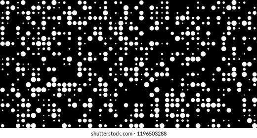 Monochrome Halftone Background. Abstract Texture with Different Sizes White Dots on Black Fond for Print, Paper, Card. Trendy Digital Black and White Background. Vector Texture.