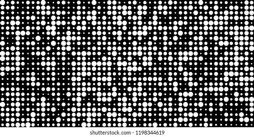 Monochrome Halftone Background. Abstract Texture with Different Sizes White Dots on Black Fond for Banner, Paper, Fabric. Vintage Digital Black and White Background. Vector Texture.