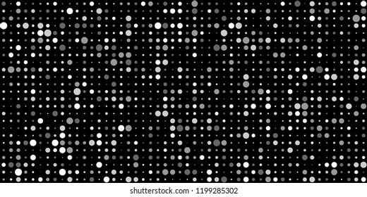 Monochrome Halftone Background. Abstract Texture with Different Sizes White Dots on Black Fond for Card, Print. Trendy Digital Black and White Background. Vector Texture.