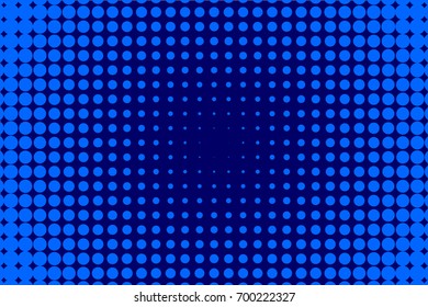 Monochrome halftone background. Comic background. Bright blue color. Panels with dots, points, circles, rounds. Design element for web banners, posters, cards, wallpaper, sites.  