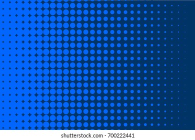 Monochrome halftone background. Comic background. Bright blue color. Panels with dots, points, circles, rounds. Design element for web banners, posters, cards, wallpaper, sites.  