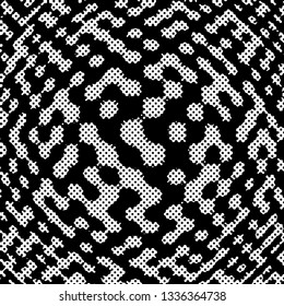 Monochrome halftone background of optical illusion of convexity with dots and spots. Overlay template. Vector EPS10