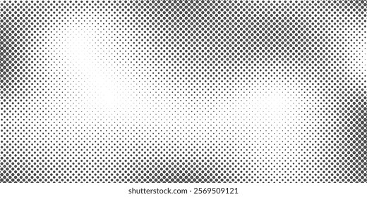 Monochrome halftone dot gradient background for vintage or comic-style designs. Black and white vector texture. Ideal for posters, banners, graphic overlays