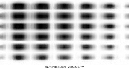 Monochrome halftone dot pattern forming a smooth gradient and textured background, ideal for graphic design, print, posters, web layouts and retro pop-art inspired compositions and visual overlays.

