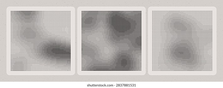 Monochrome halftone dot pattern poster set with minimal retro gradient backgrounds, creating stylish vector cards for print design, posters, branding, advertising and creative projects