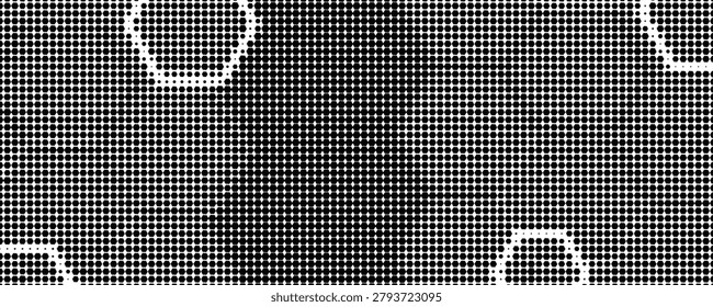 Monochrome halftone dot pattern with repeating hexagon outlines and varied density, producing a bold abstract geometric texture for backgrounds, graphic design, print materials, web layouts, and modern art projects.

