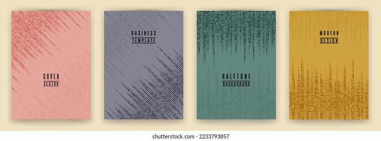 Conjunto de vectores de fondo de la rótula de textura de punto medio monocromo. Plantillas creativas de portada de folleto. Diseño de fondo de volante de patrones geométricos. Diseño de portada de libro de textualidad de elementos de círculo.
