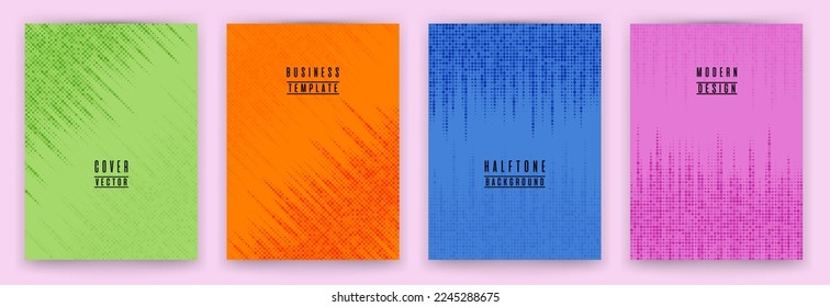 Einfarbige Halbton-Punktstrukturplakette, Vektorgrafik-Set. Broschüre Titelseiten bunter Vorlagen. Geometrisches Musterplakathintergrunddesign. Layouts für die Unternehmensabdeckung Halftone Punkte Textur.